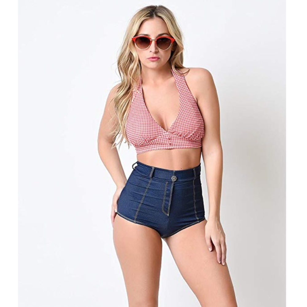 Red & White Gingham Retro Halter Swim Top